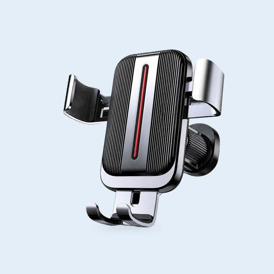 Gravity air vent car phone holder, composite render on a steel-blue background